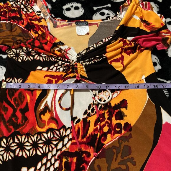 CLIENTELE Leopard floral abstract print v-neck short sleeve top ~ LARGE XL shirt - Picture 9 of 14